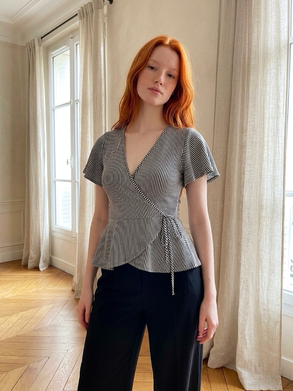 Striped Wrap Peplum Top in Black and White